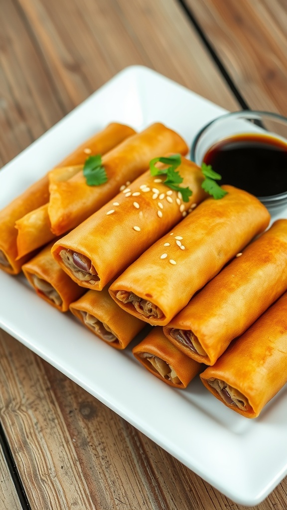 Crispy pork egg rolls served on a plate with soy sauce, garnished with herbs.